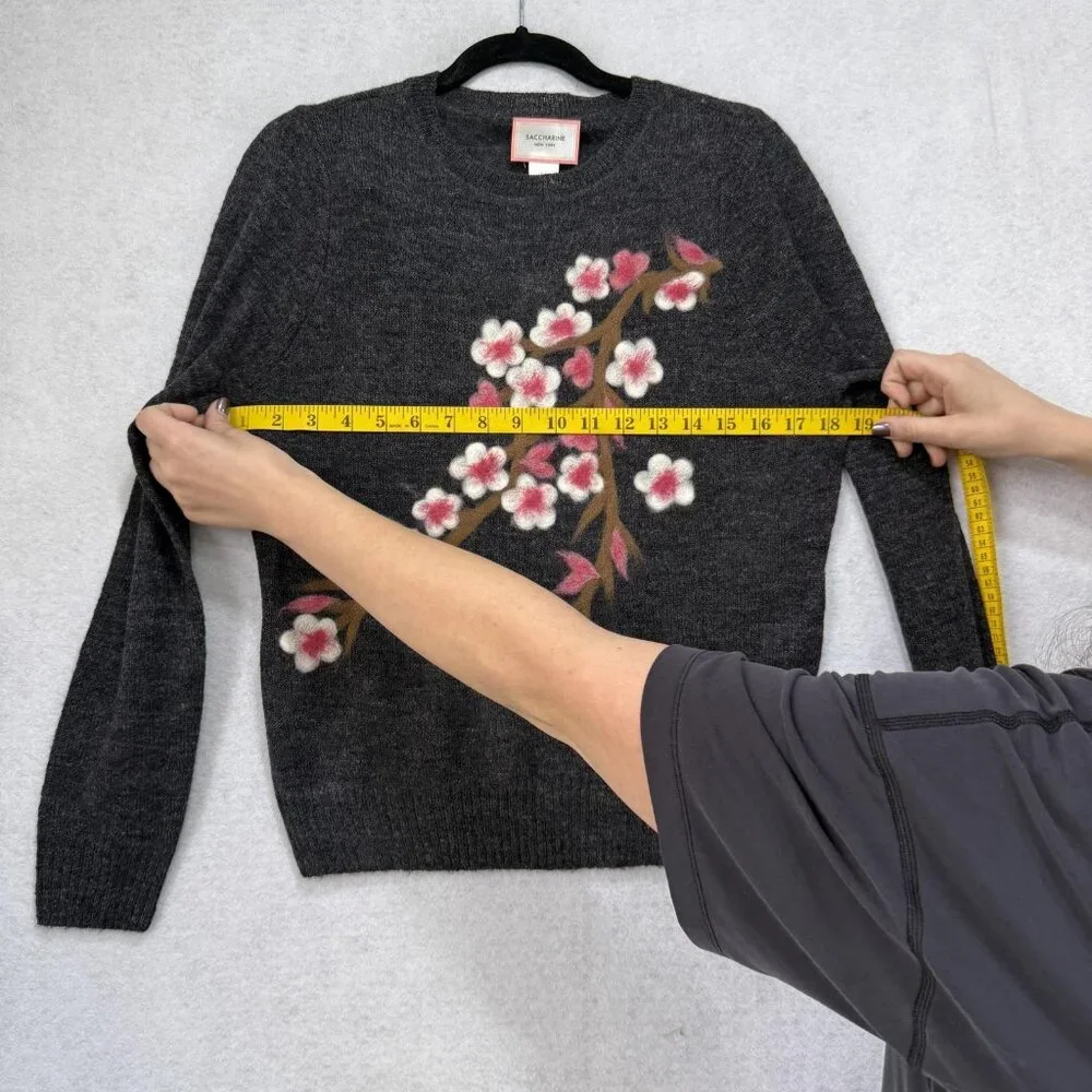 Saccharine New York Sweater Womens Small Gray Wool Alpaca Floral Cherry Blossom - Picture 7 of 10